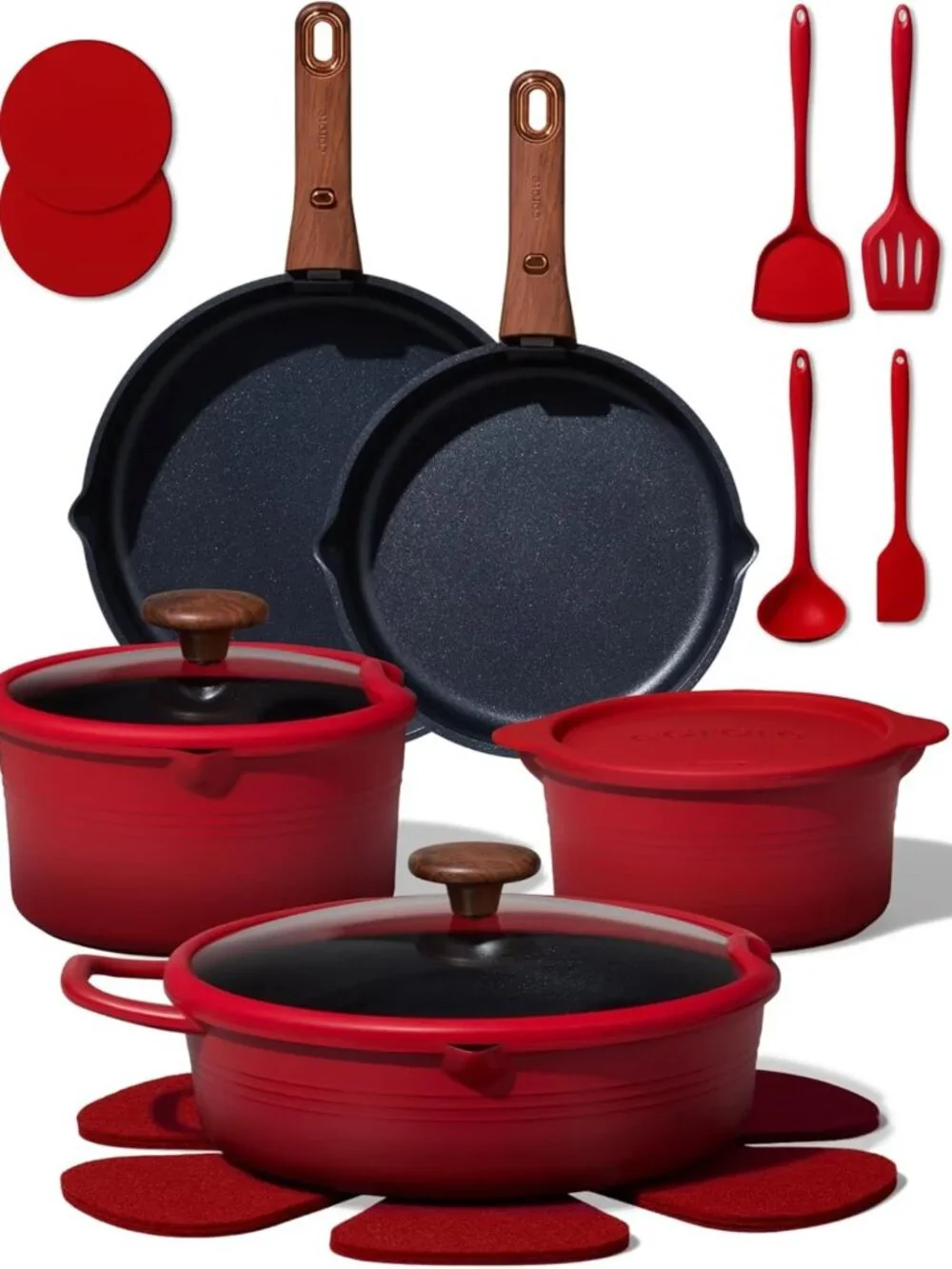 20pcs Non-Stick Titanium Cookware Set | Induction Compatible, Space Saving, Red